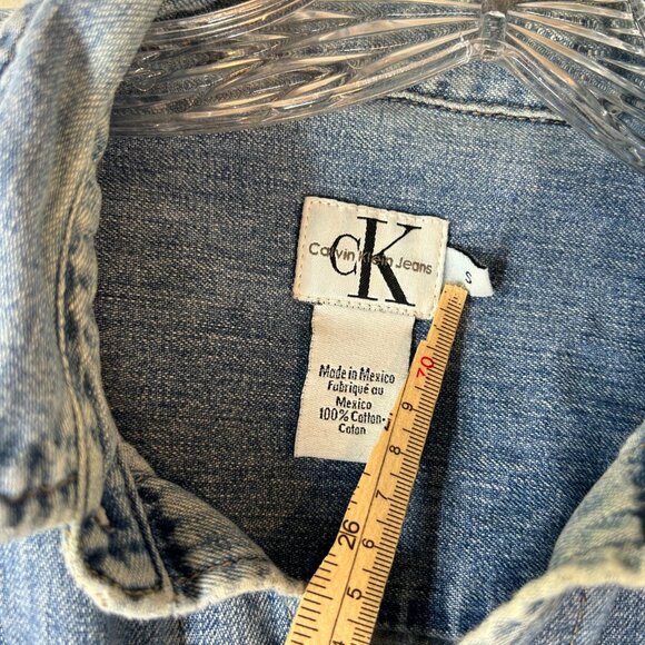 CK Calvin Klein Mens Denim Shirt Small Blue Logo y2K 90s vintage button up layer - Picture 2 of 11